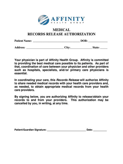 Fillable Online Records Release Authorization Form Affinity Health