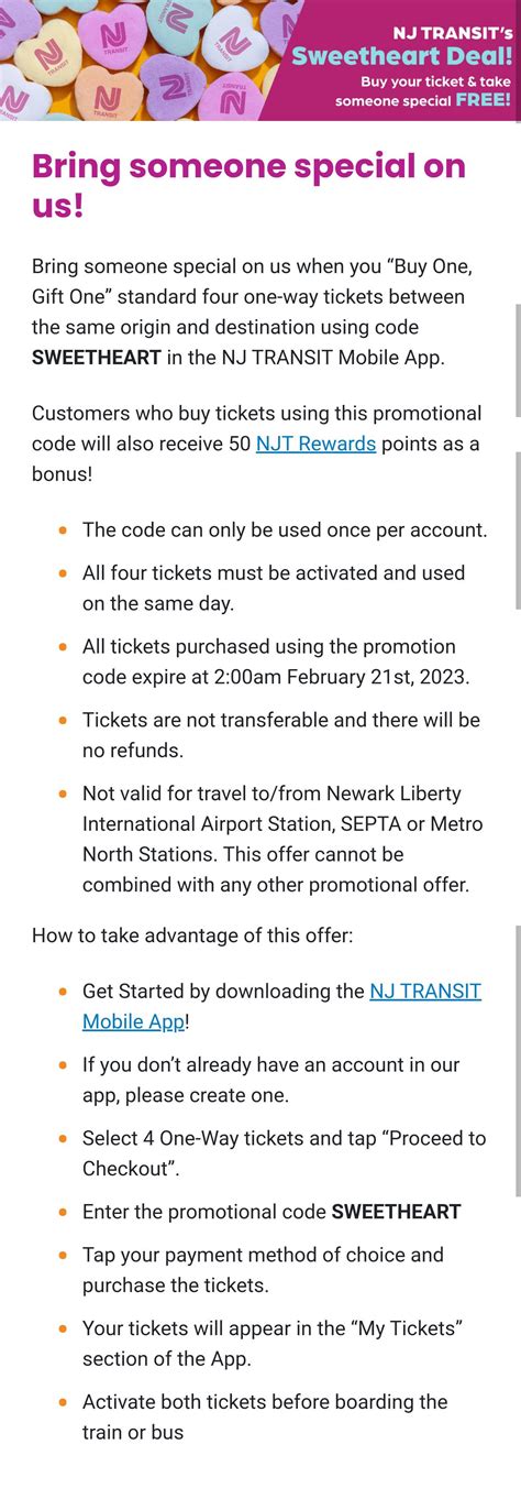 Buy One Get One NJ transit tickets good through Monday when you use