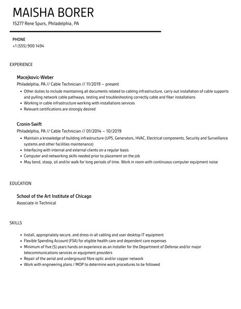 Cable Technician Resume Samples | Velvet Jobs