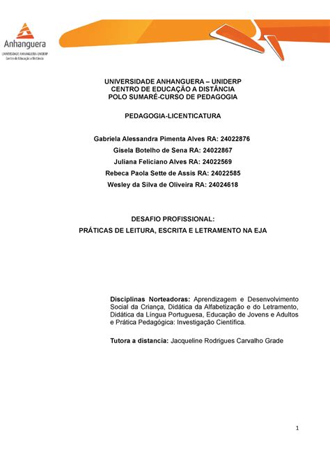 Desafio Profissional andamento - UNIVERSIDADE ANHANGUERA – UNIDERP CENTRO DE EDUCAÇÃO A