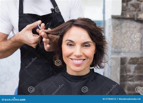 Pretty Brunette Getting Her Hair Cut Stock Photo Image Of Looking People