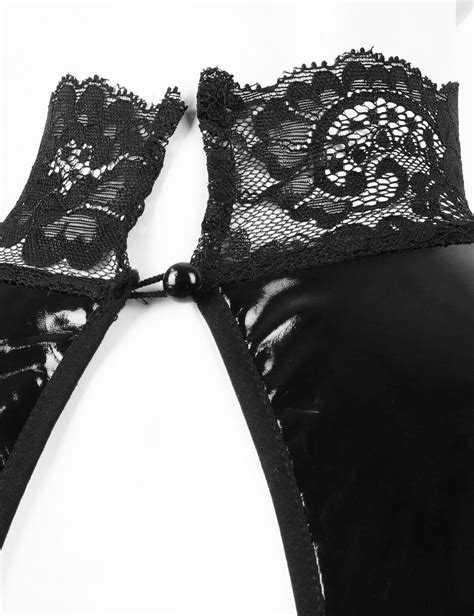 Damen Wetlook Busenfreier Bodysuit Lack Leder Spitze Stringbody Catsuit Lingerie EBay