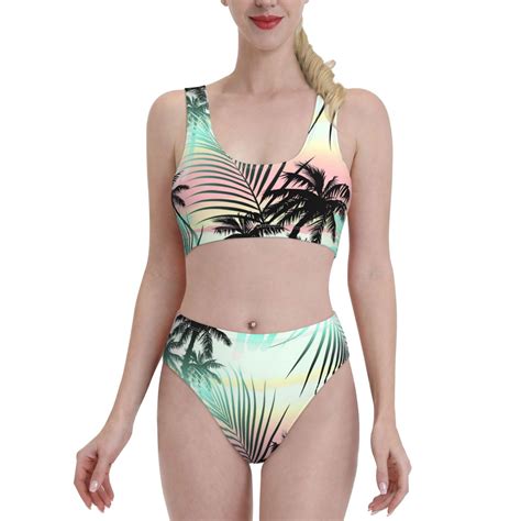 Haiem Tropical Summer Palm Women S High Waisted Bikini Set Two Piece Bathing Suits High Cut