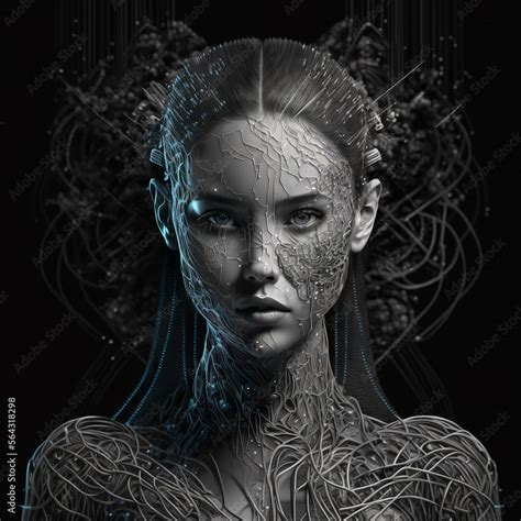 Generative Ai Illustration Representing A Futuristic Cyborg Robot Girl With A Complex Neural