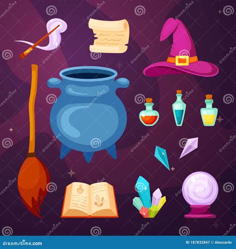 Witching Magic Items Set. Cauldron Cooking Potion Magic Wand Scroll