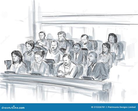 Courtroom Trial Sketch Showing Judge And A Male Witness On Stand Taking