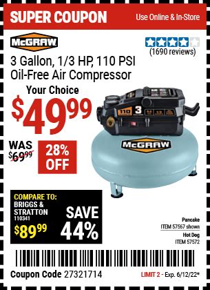 MCGRAW 3 Gallon 1 3 HP 110 PSI Oil Free Pancake Air Compressor For 49