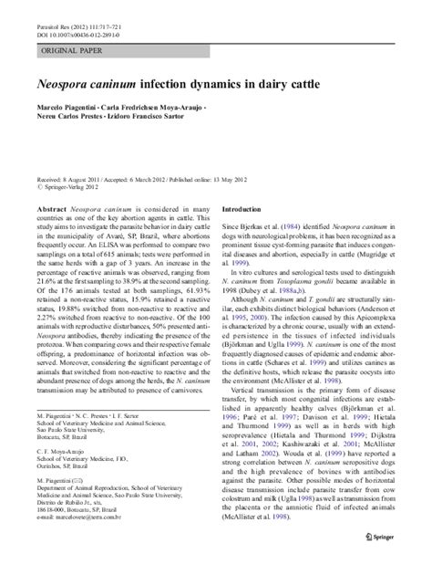 Pdf Neospora Caninum Infection Dynamics In Dairy Cattle