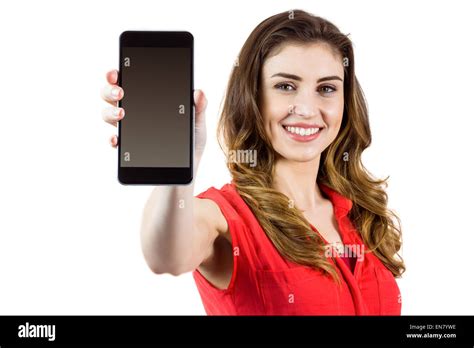 Pretty Brunette Showing Tablet Pc Stock Photo Alamy