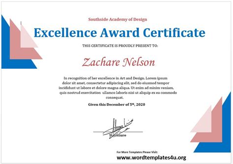 Certificate Of Excellence Templates Word Templates