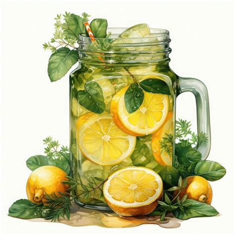 Premium Photo Watercolor Lemonade In Mason Jar Illustration Generative Ai