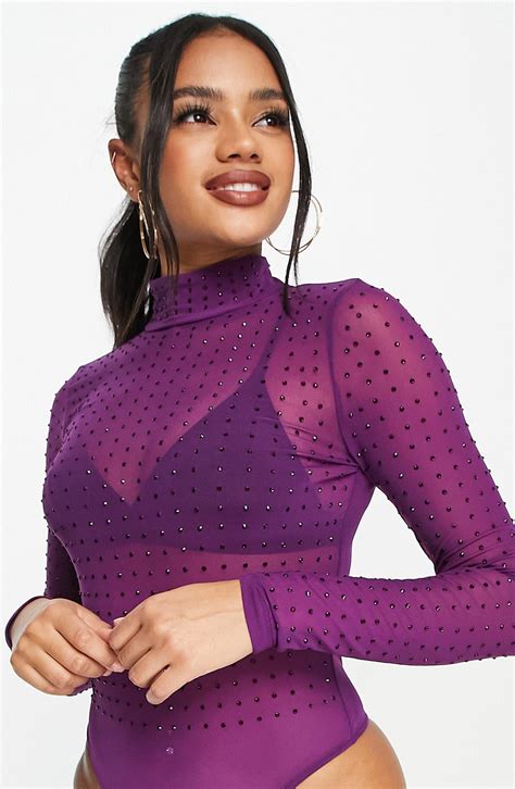 ASOS Embellished Mock Neck Sheer Mesh Bodysuit In Purple Lyst