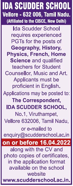 Ida Scudder School Vellore Wanted Pgt Facultyplus