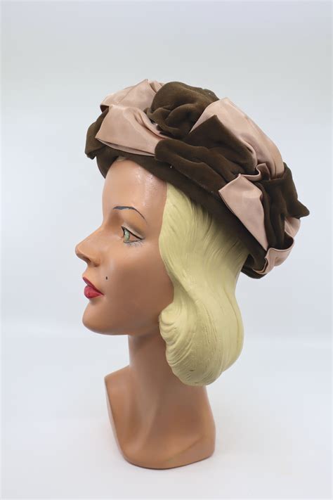 The House Of Hats Vintage S S Brown Velvet Satin Bow Pill Box