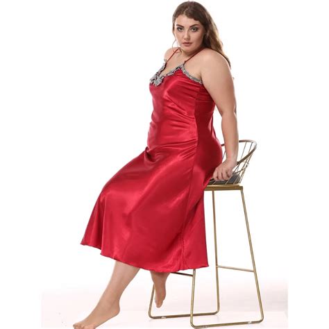 Women Plus Size Nightdress Satin Silk V Neck Sleeveless Sexy Lingerie Mid Calf Maxi Dress In