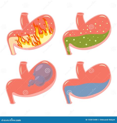 Gastric Acid Or Stomach Juice Icons In Thin Line Cartoon Vector