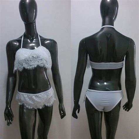 Fashion Solid Color Lace Spliced Halter Bikini Set