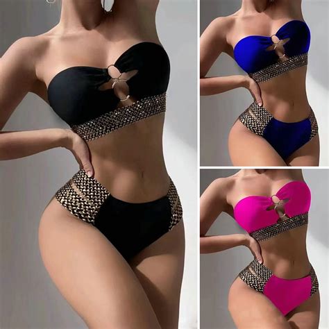 Reheyre Piece Beachwear Off Shoulder Bikini Set With Ring Connection And High Waist Briefs
