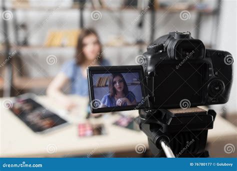 Young Female Beauty Blogger on Camera Screen Stock Image - Image of ...