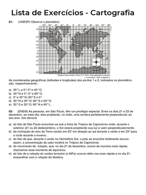 Exercicio Cartografia - Exercícios de Cartografia para 3º Ano | PDF | Terra | Trópicos