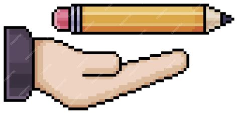 Пиксельная рука держит значок вектора карандаша для 8-битной игры на ...