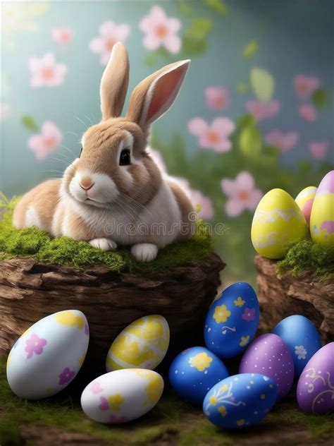 Happy Bunny Rabbits With Easter Eggs Generative Ai Illustration Stock