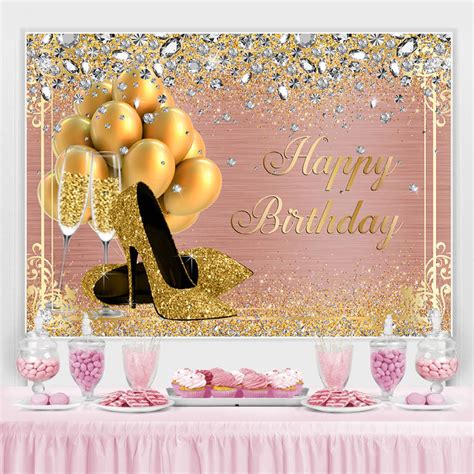 High Heels Balloon Rose Gold Happy Birthday Backdrop Lofaris