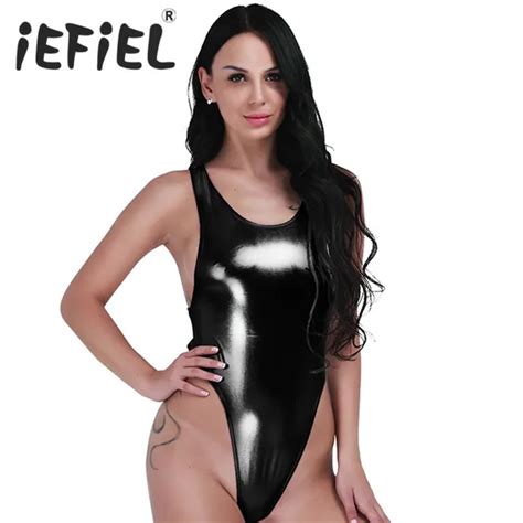 IEFiEL Sexy Black Women Faux Leather One Piece Thong Bodysuit Leotard Lingerie String Body Suit