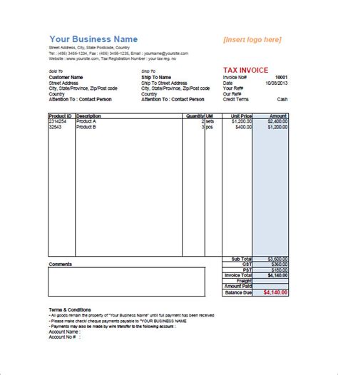 tax invoice templates   word excel  formats samples