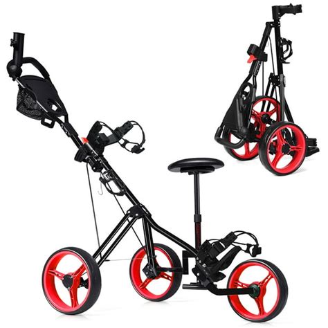 Costway Foldable 3 Wheel Push Pull Golf Club Cart Trolley Wseat Scoreboard Bag Red