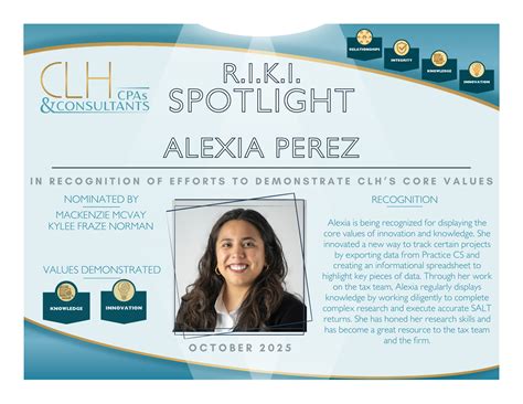 Alexia Perez, Recipient of R.I.K.I. Spotlight, October 2025 - CLH, CPAs