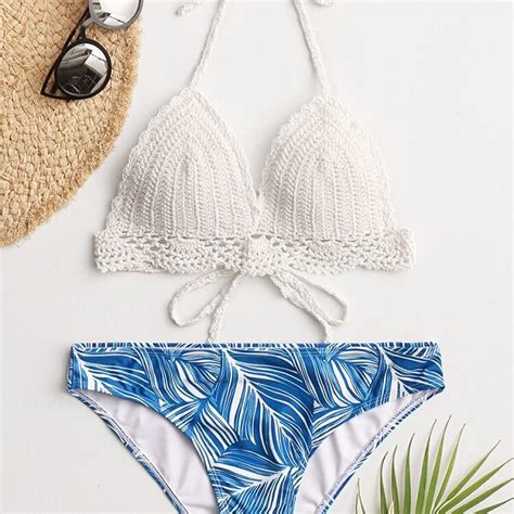 Sexy Triangle Bikini Halter String Crochet Trim Tropical Leaves Print Beach Swimwear TD Mercado