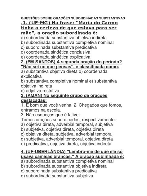 Questões De Orações Subordinadas - Questões sobre Orações Subordinadas | PDF | Tipologia linguística ...