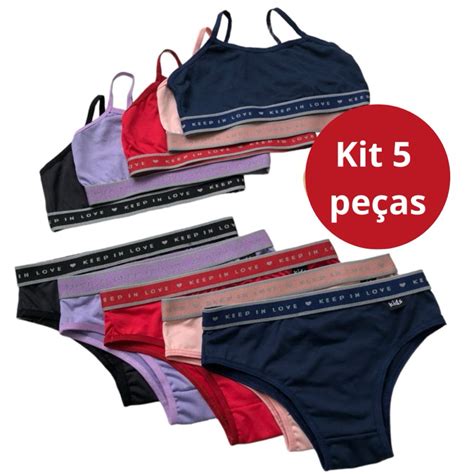 Kit 5 Conjuntos Juvenil Lingerie Top calcinha elástico Revenda Moda Infantil Shopee Brasil