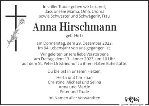 Traueranzeigen Von Anna Hirschmann Trauer Kleinezeitung At