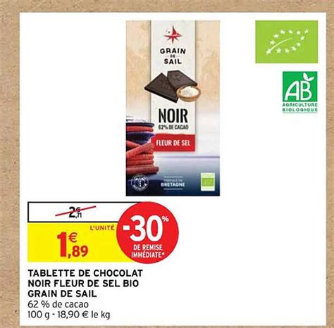 Promo Tablette De Chocolat Noir Fleur De Sel Bio Grain De Sail Chez