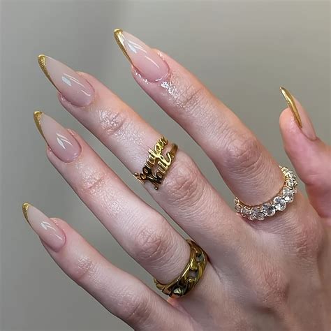 Pieces Long Almond Shape Simple French Nude Nails With Diagonal Golden Edge Press On