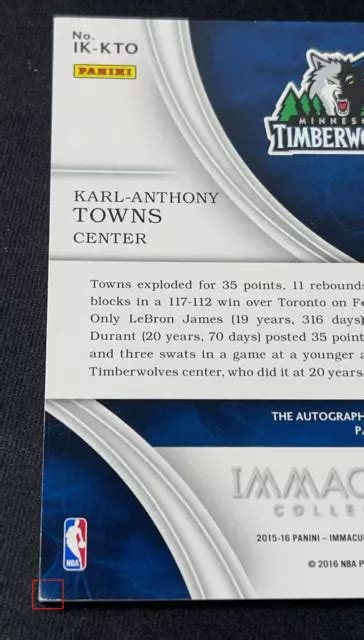 Panini Immacul E Karl Anthony Towns Timberwolves Rc Recrue Ink