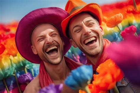 Una Hermosa Pareja Gay Feliz Con Los Colores Del Arco Iris En Un Campo De Flores Mes Del Orgullo