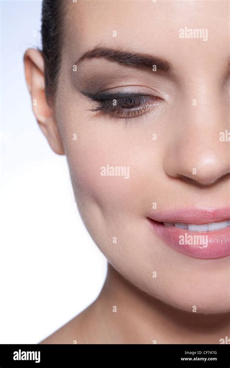 Step By Step Make Up Before And After Female Brunette Hair Off Her Face Wearing Brown Eyeshadow