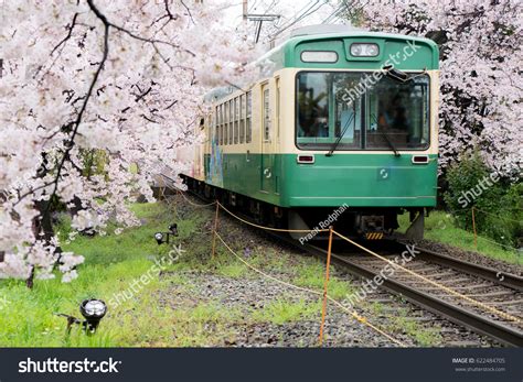 View Of Kyoto Local Train Traveling On Rail Tracks With Flourishing