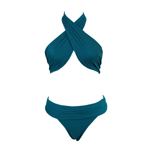 Rib Fabric Back Metal Gold Closure With Front Cross Halter Bikini