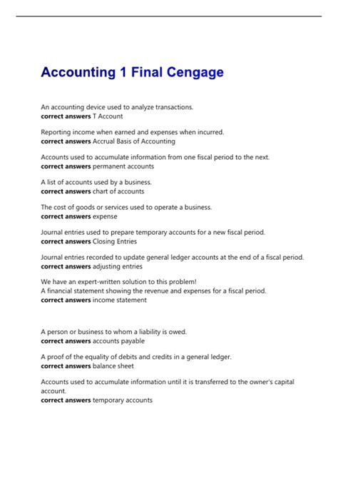 Accounting 1 Final Cengage Verified Answers And Questions 2026