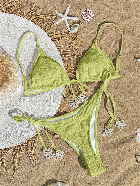 SHEIN Swim Solid Color Triangle Cup Halter Neck Bikini Set With Faux Pearl Decor For Women Sexy