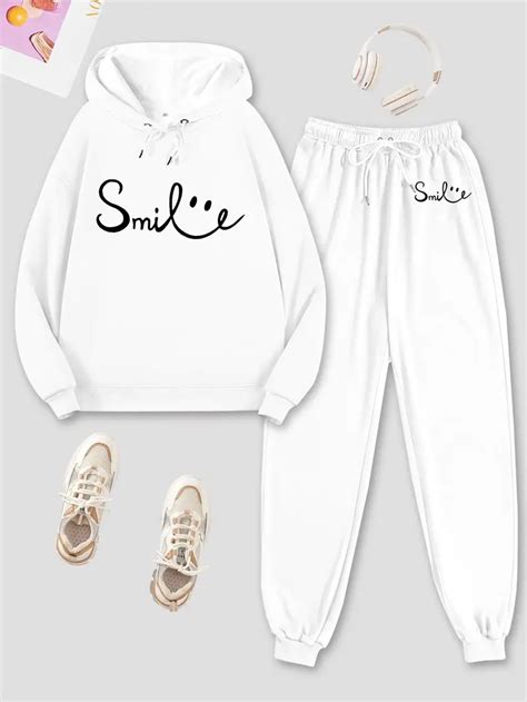 Smile Graphic Hoodies Sweatpants Two Piece Set Solid Hoodies Temu