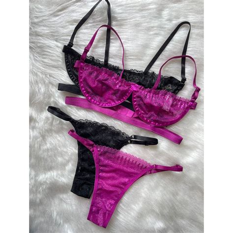Kit Conjunto Lingerie Sexy Gringa Sutiã Meia Taça Aro e Calcinha Regulável Shopee Brasil