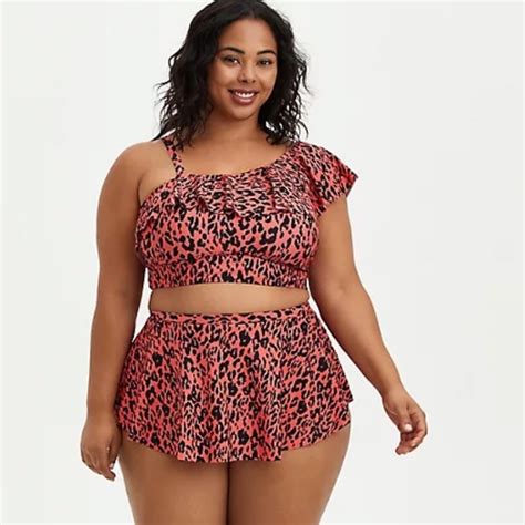 Torrid Swim Torrid Coral Leopard One Shoulder Bikini Top Swim Skirt
