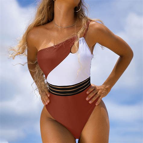 Teissuly Women S One Shoulder Sexy Backless Color Blocking One Piece Bikini One Piece Swimsuit