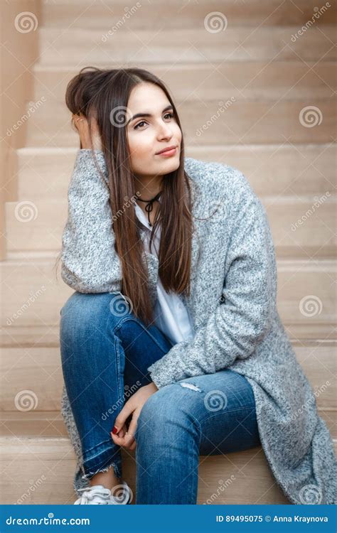 Portrait Of Smiling Caucasian Brunette Young Beautiful Girl Woman Model With Long Dark Hair And