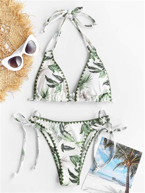 ZAFUL Women Swimsuit Plant Print Braided Trim Ribbed String Bikini Set